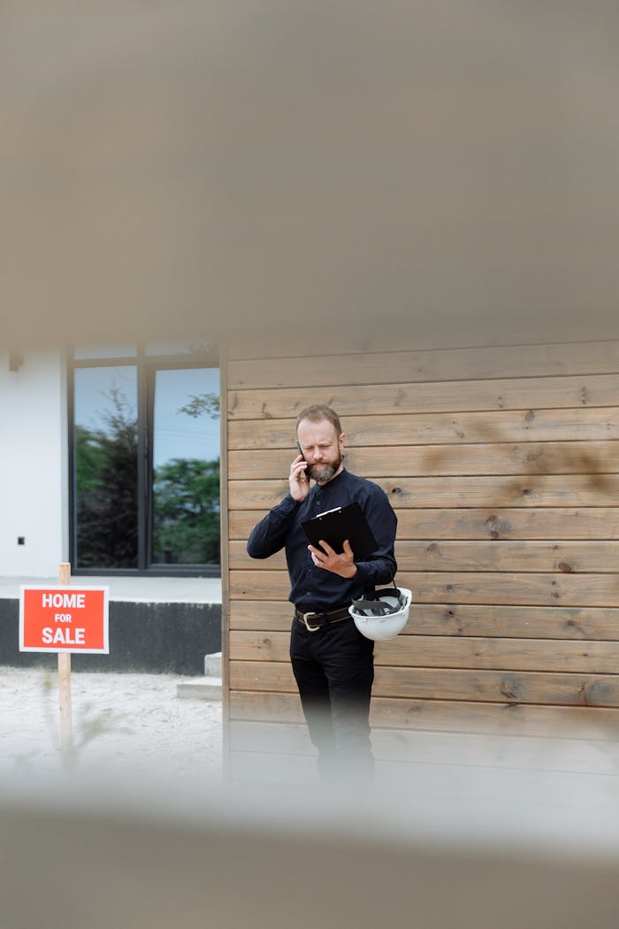 Real estate agent holding phone and clipboard in front of a house with for sale sign.